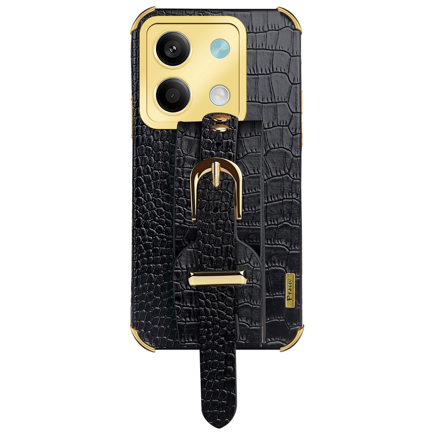 For Xiaomi Redmi Note 13 5G Case 6D Electroplating PU Leather+TPU Phone Cover with Wristband Kickstand - Black