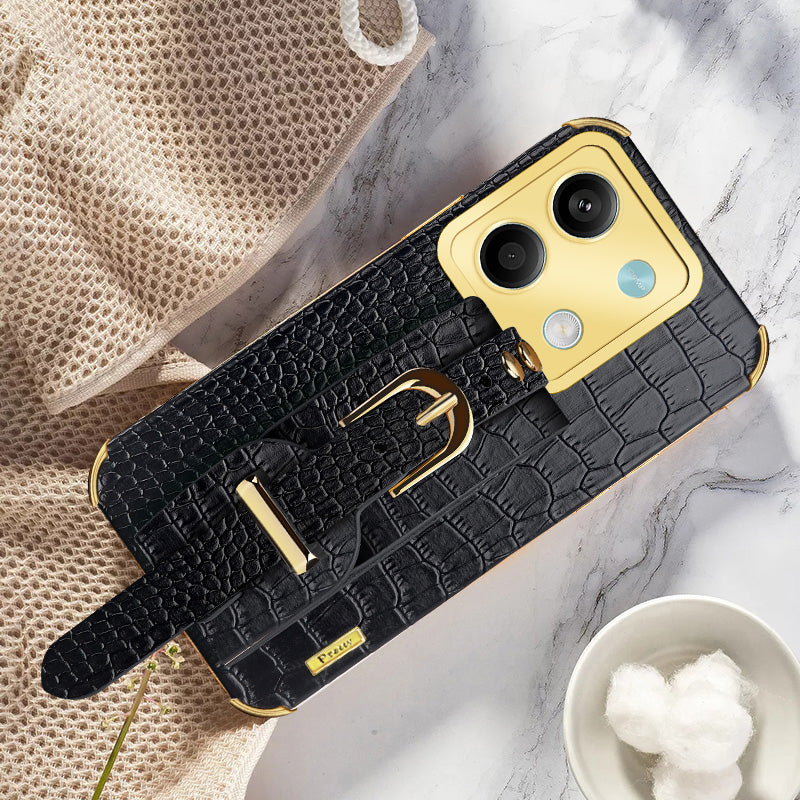 For Xiaomi Redmi Note 13 5G Case 6D Electroplating PU Leather+TPU Phone Cover with Wristband Kickstand - Black