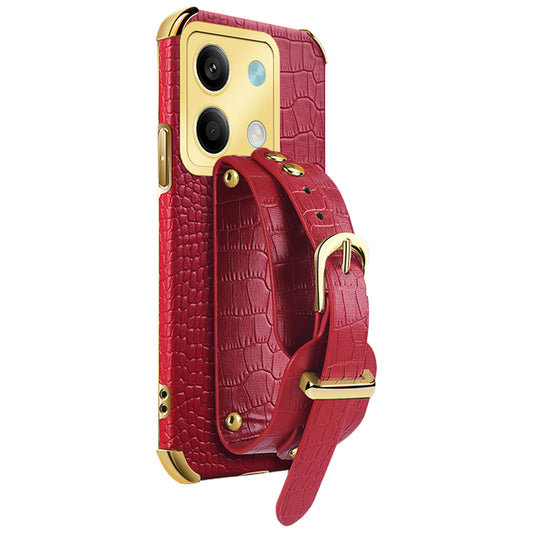For Xiaomi Redmi Note 13 5G Case 6D Electroplating PU Leather+TPU Phone Cover with Wristband Kickstand - Red