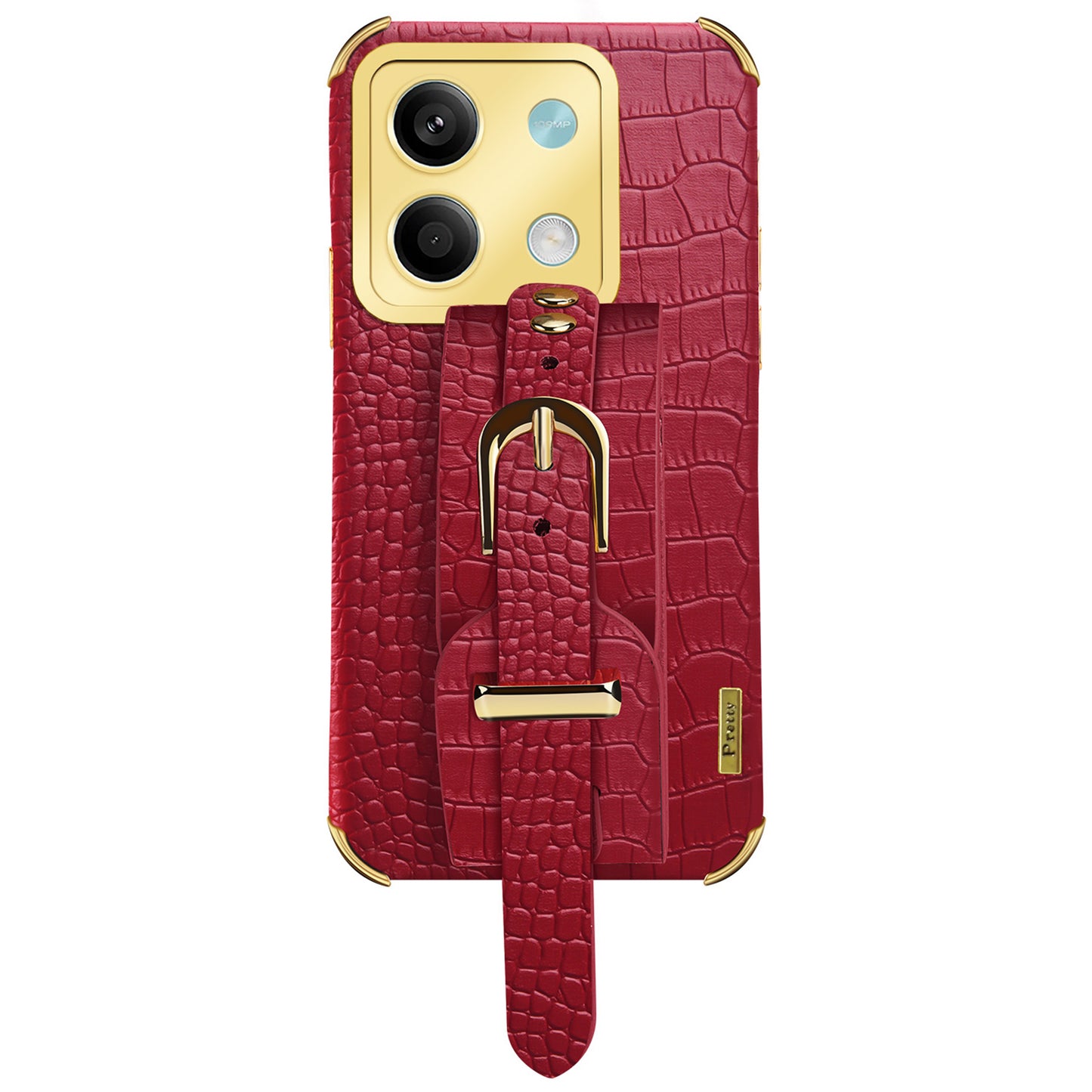 For Xiaomi Redmi Note 13 5G Case 6D Electroplating PU Leather+TPU Phone Cover with Wristband Kickstand - Red