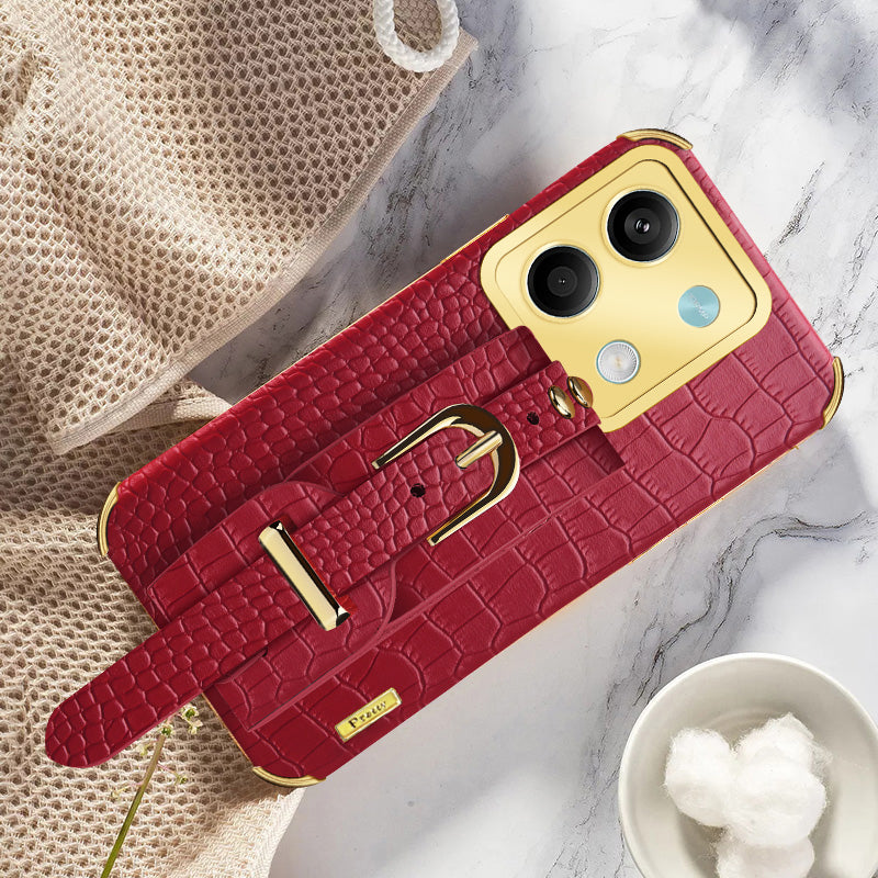 For Xiaomi Redmi Note 13 5G Case 6D Electroplating PU Leather+TPU Phone Cover with Wristband Kickstand - Red