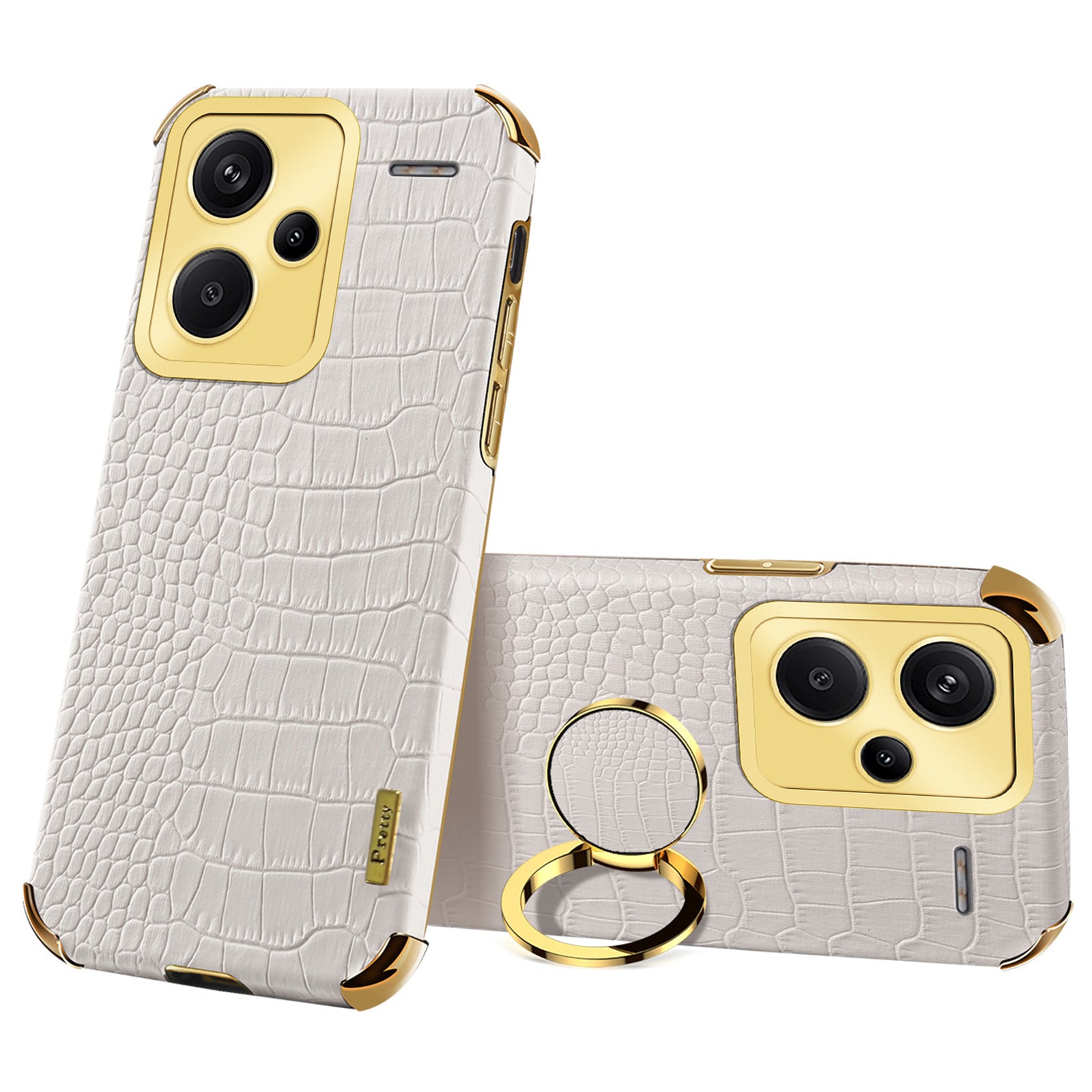 For Xiaomi Redmi Note 13 Pro+ 5G Case Leather+TPU Crocodile Texture Ring Kickstand Phone Back Shell - White