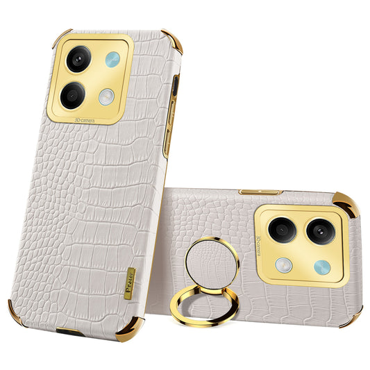 For Xiaomi Redmi Note 13 5G Case Crocodile Texture Leather+TPU Phone Shell Protector with Ring Kickstand - White