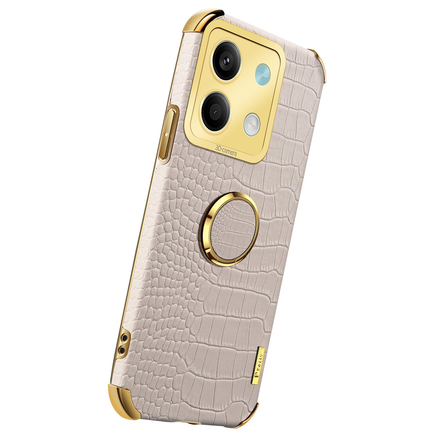 For Xiaomi Redmi Note 13 5G Case Crocodile Texture Leather+TPU Phone Shell Protector with Ring Kickstand - White