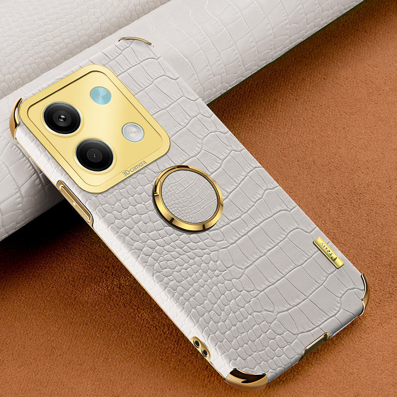 For Xiaomi Redmi Note 13 5G Case Crocodile Texture Leather+TPU Phone Shell Protector with Ring Kickstand - White