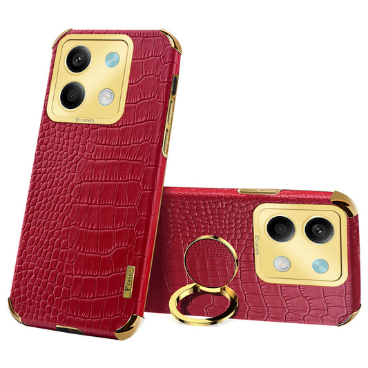 For Xiaomi Redmi Note 13 5G Case Crocodile Texture Leather+TPU Phone Shell Protector with Ring Kickstand - Red