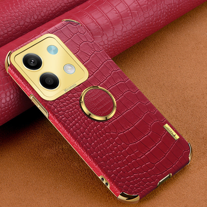 For Xiaomi Redmi Note 13 5G Case Crocodile Texture Leather+TPU Phone Shell Protector with Ring Kickstand - Red