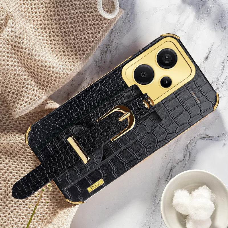 For Xiaomi Redmi Note 13 Pro+ 5G Case Crocodile Texture Wristband Electroplating Phone Cover - Black
