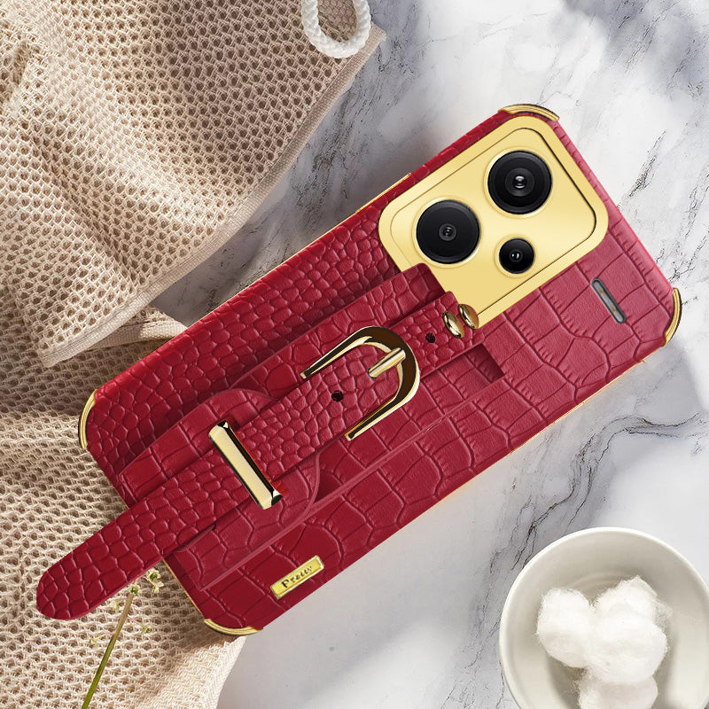 For Xiaomi Redmi Note 13 Pro+ 5G Case Crocodile Texture Wristband Electroplating Phone Cover - Red
