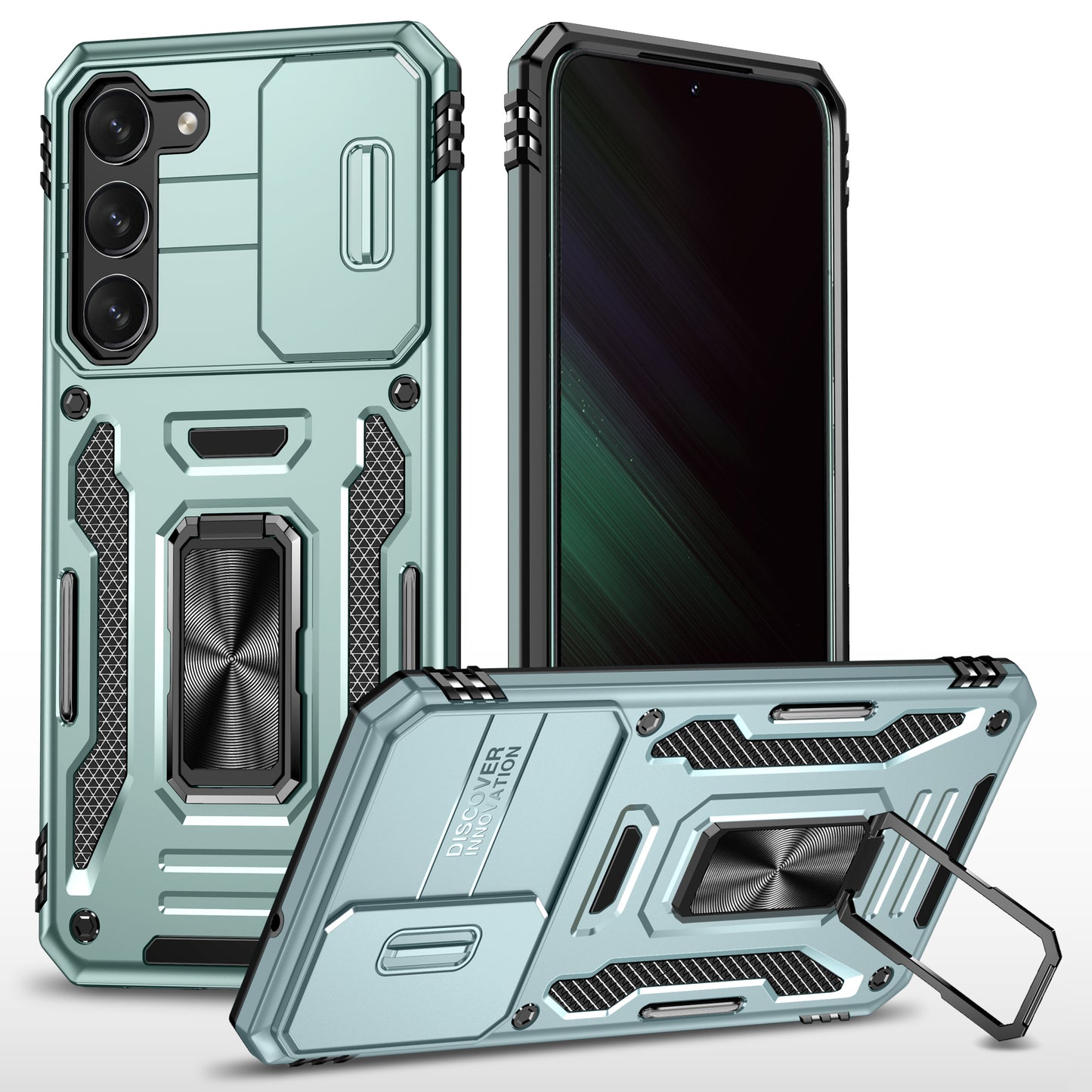 Armor Series For Samsung Galaxy S24 Case PC+TPU Shockproof Kickstand Smart Phone Back Protector with Slide Lens Lid - Green