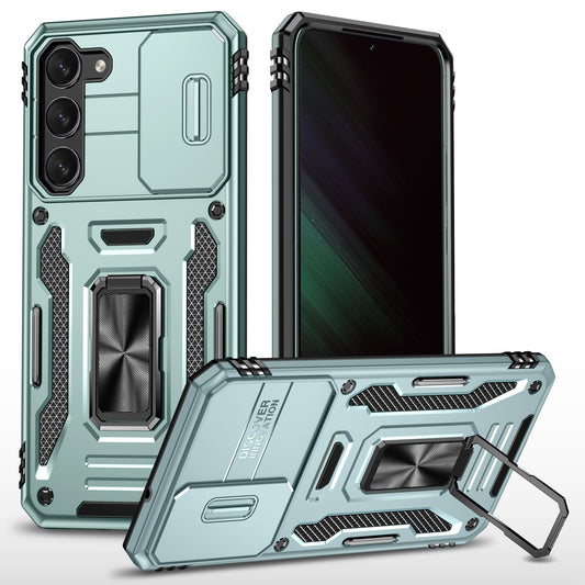 Armor Series For Samsung Galaxy S24 Case PC+TPU Shockproof Kickstand Smart Phone Back Protector with Slide Lens Lid - Green