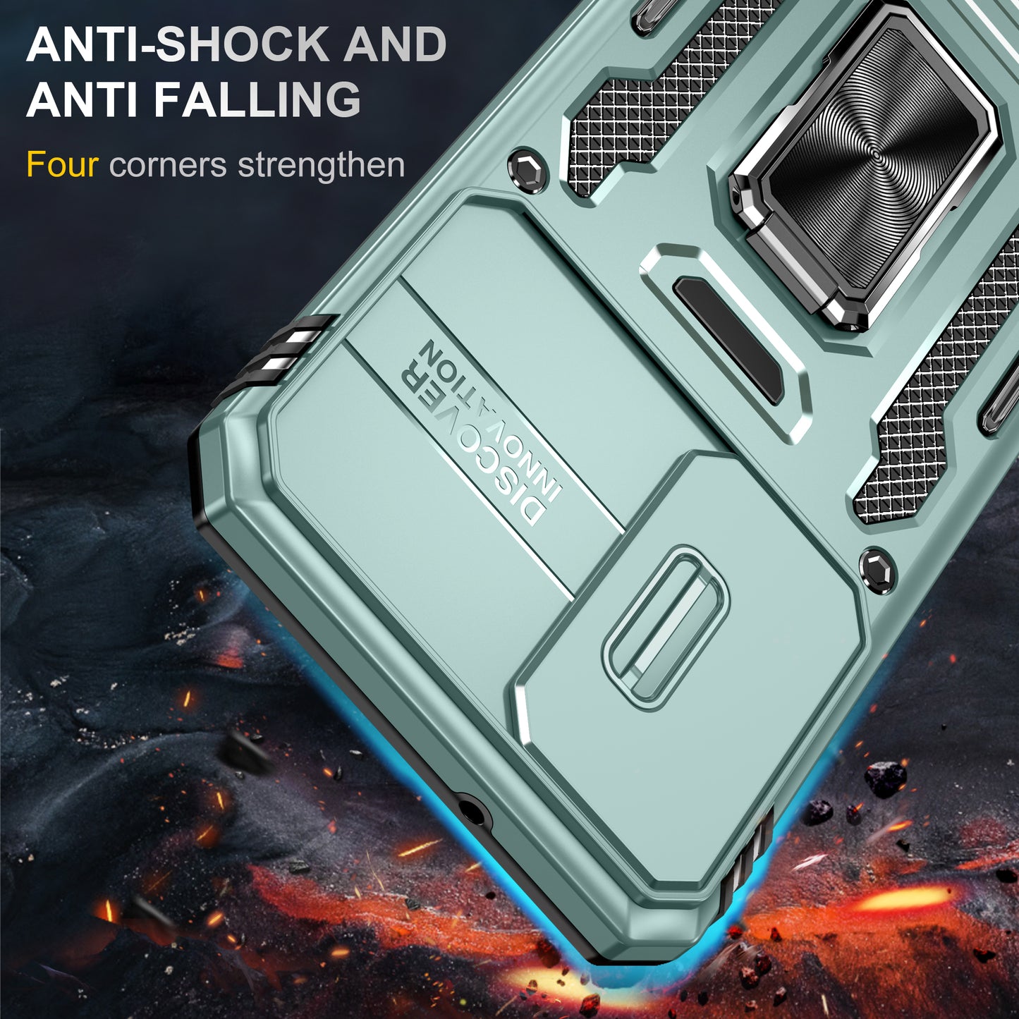 Armor Series For Samsung Galaxy S24 Case PC+TPU Shockproof Kickstand Smart Phone Back Protector with Slide Lens Lid - Green