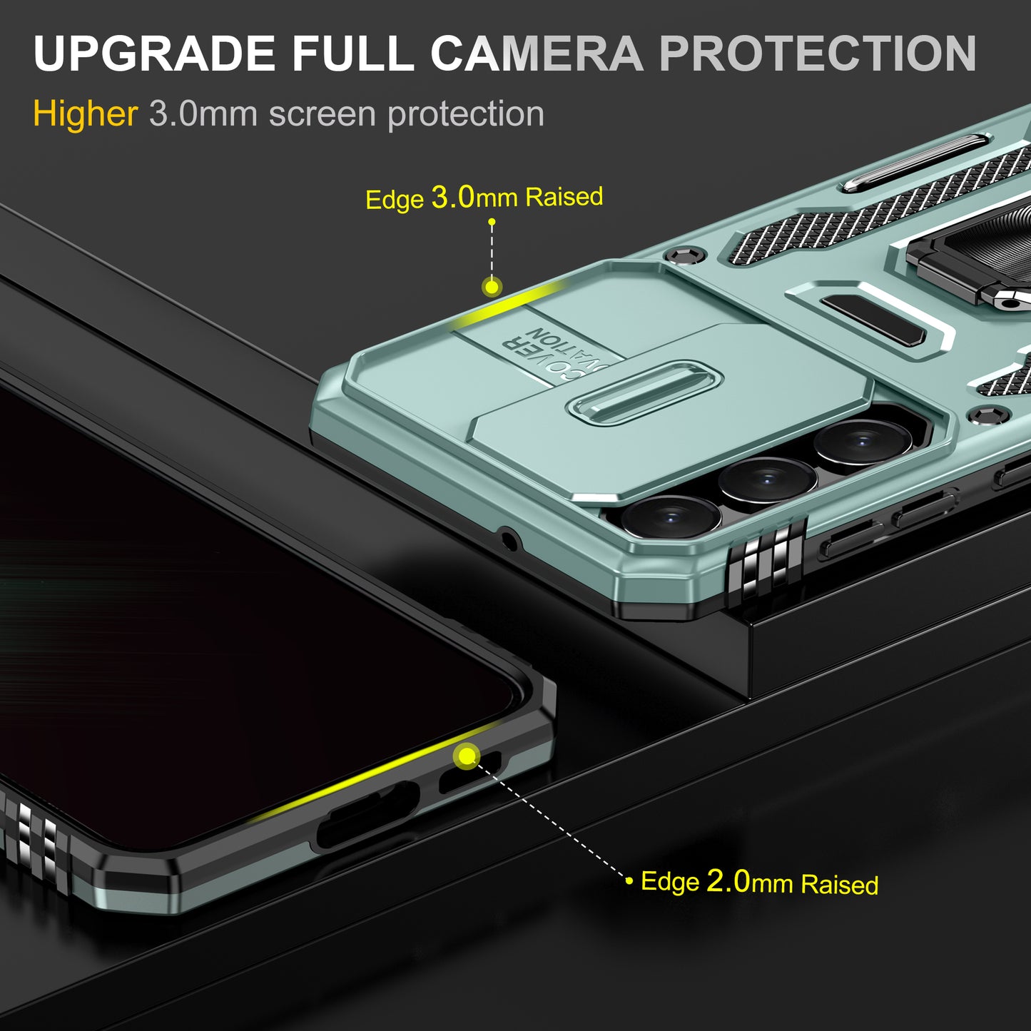 Armor Series For Samsung Galaxy S24 Case PC+TPU Shockproof Kickstand Smart Phone Back Protector with Slide Lens Lid - Green
