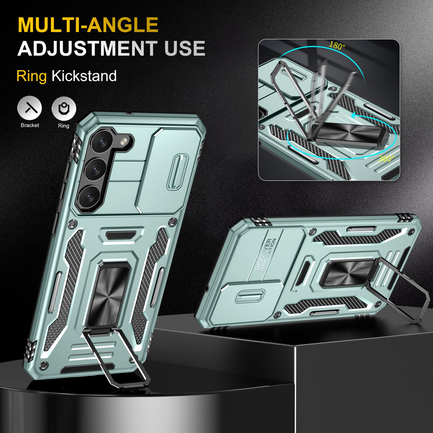 Armor Series For Samsung Galaxy S24 Case PC+TPU Shockproof Kickstand Smart Phone Back Protector with Slide Lens Lid - Green
