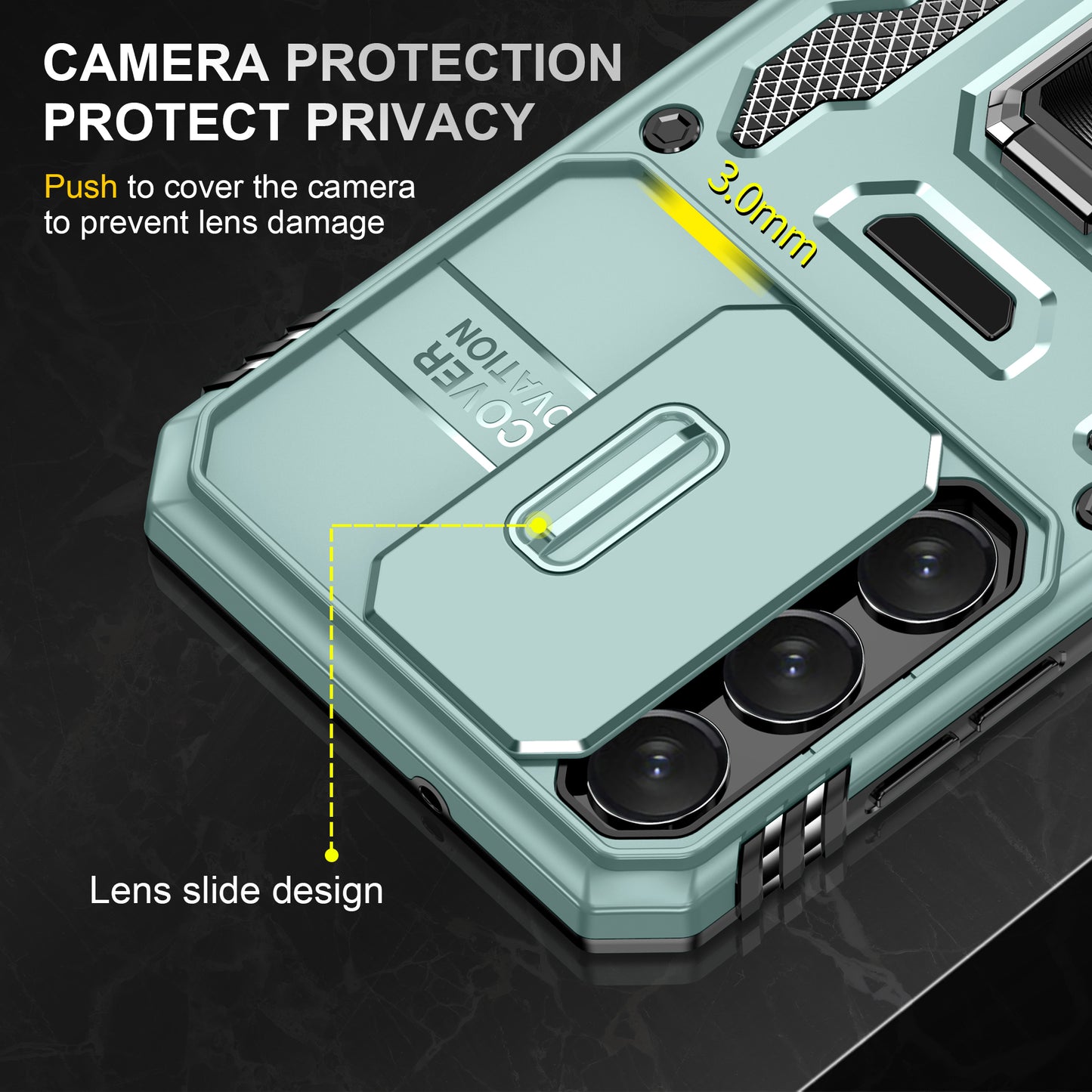 Armor Series For Samsung Galaxy S24 Case PC+TPU Shockproof Kickstand Smart Phone Back Protector with Slide Lens Lid - Green