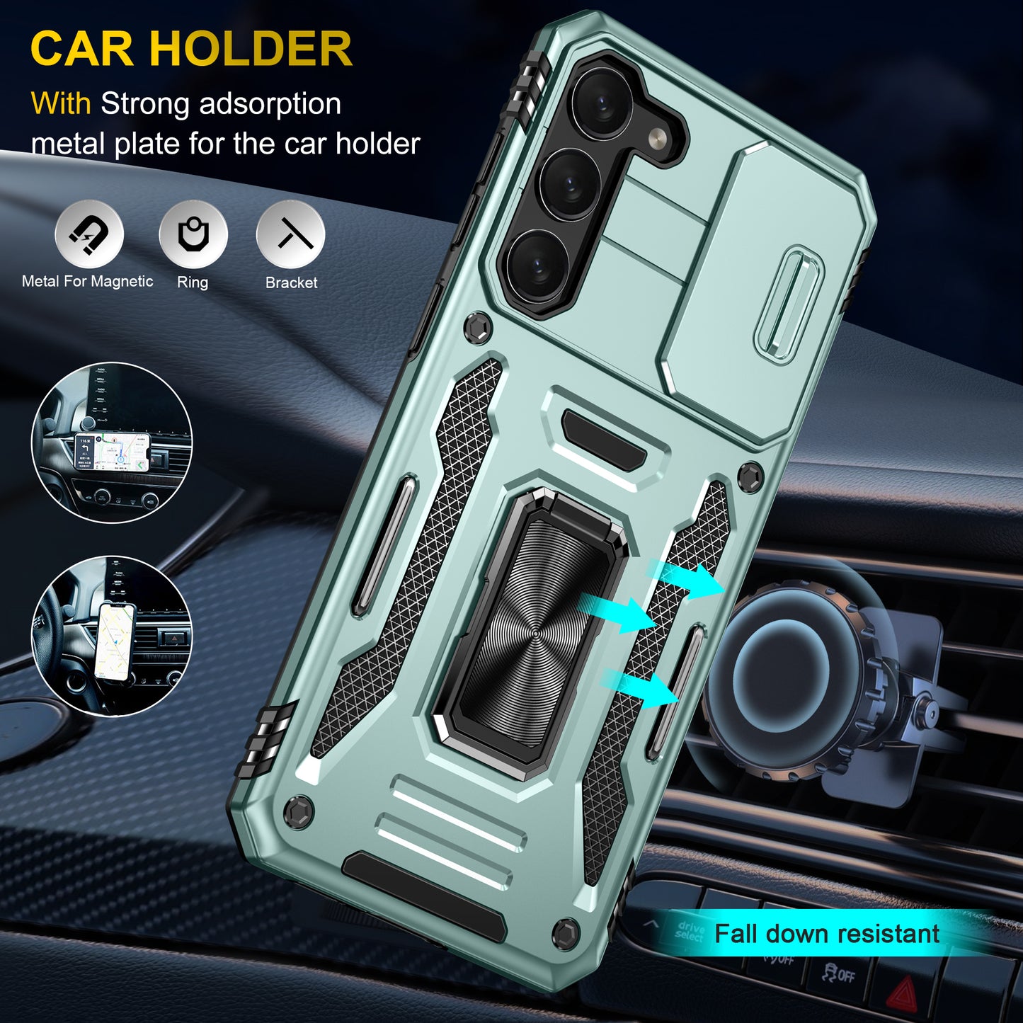 Armor Series For Samsung Galaxy S24 Case PC+TPU Shockproof Kickstand Smart Phone Back Protector with Slide Lens Lid - Green