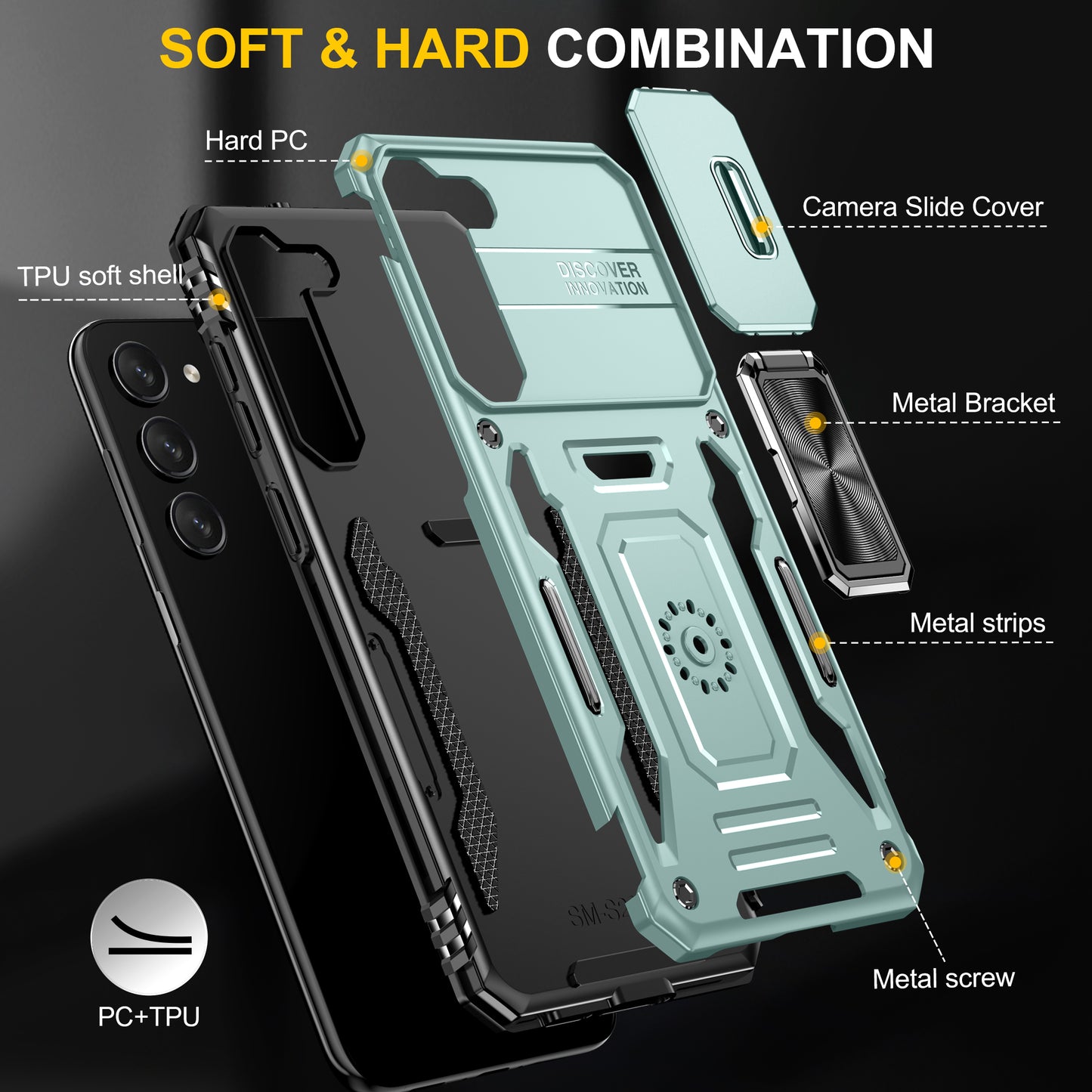 Armor Series For Samsung Galaxy S24 Case PC+TPU Shockproof Kickstand Smart Phone Back Protector with Slide Lens Lid - Green
