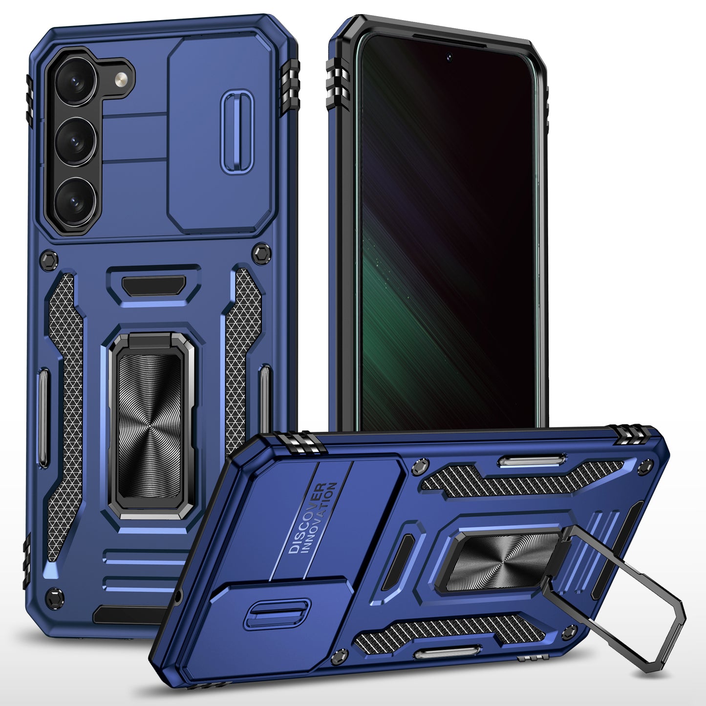 Armor Series For Samsung Galaxy S24 Case PC+TPU Shockproof Kickstand Smart Phone Back Protector with Slide Lens Lid - Navy Blue