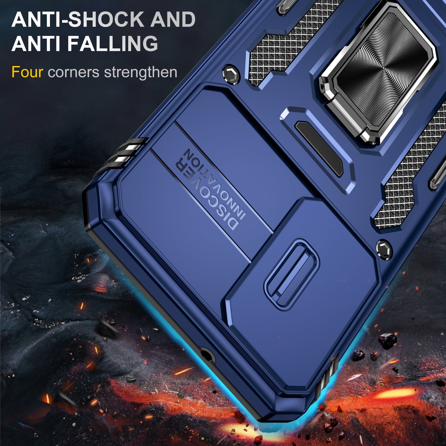 Armor Series For Samsung Galaxy S24 Case PC+TPU Shockproof Kickstand Smart Phone Back Protector with Slide Lens Lid - Navy Blue