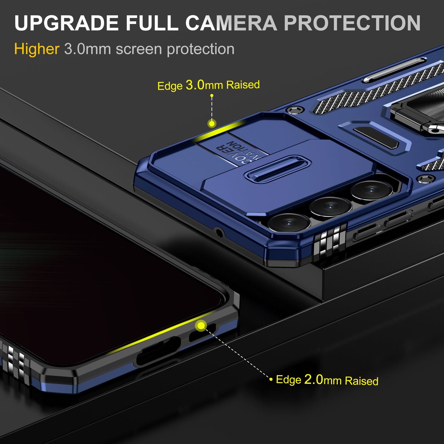 Armor Series For Samsung Galaxy S24 Case PC+TPU Shockproof Kickstand Smart Phone Back Protector with Slide Lens Lid - Navy Blue