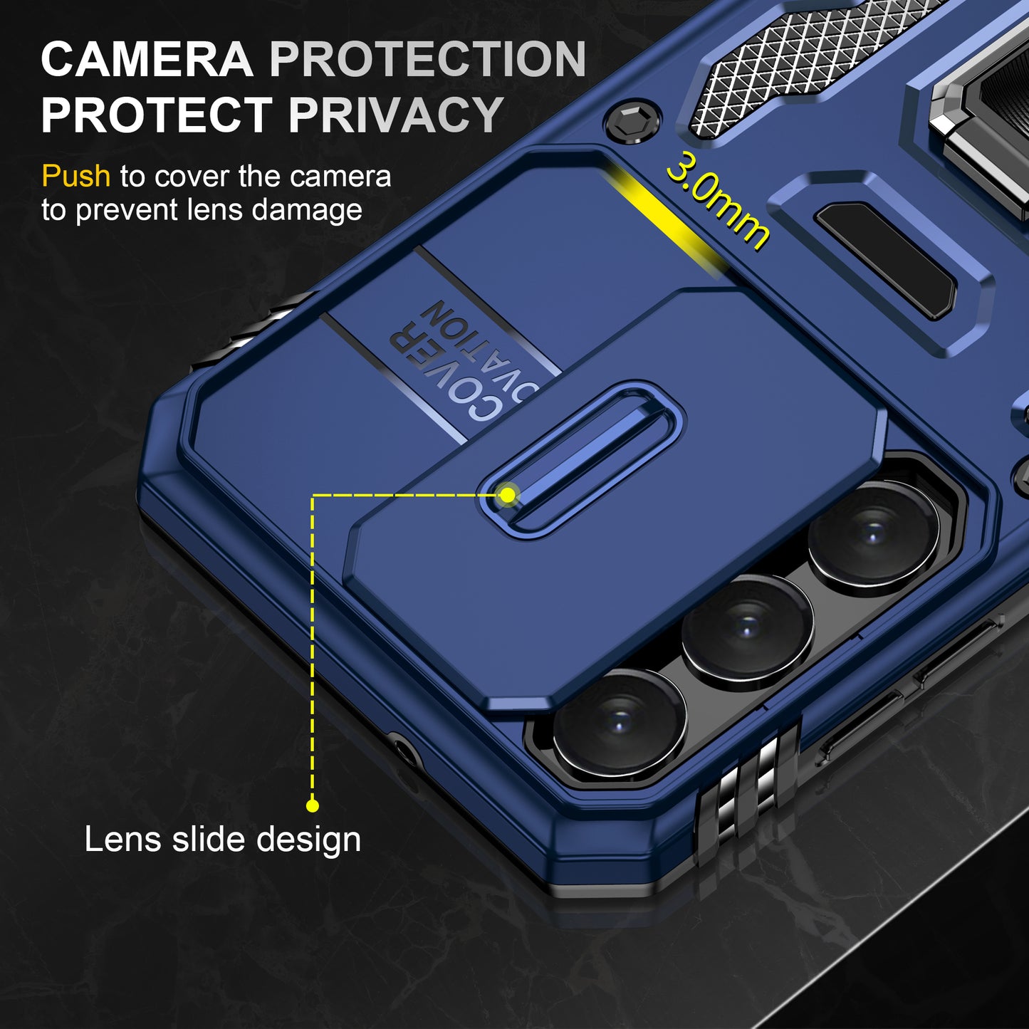 Armor Series For Samsung Galaxy S24 Case PC+TPU Shockproof Kickstand Smart Phone Back Protector with Slide Lens Lid - Navy Blue