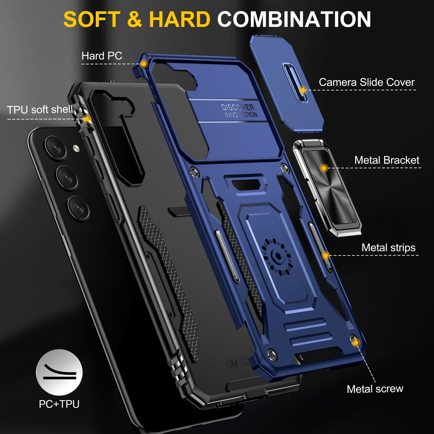 Armor Series For Samsung Galaxy S24 Case PC+TPU Shockproof Kickstand Smart Phone Back Protector with Slide Lens Lid - Navy Blue