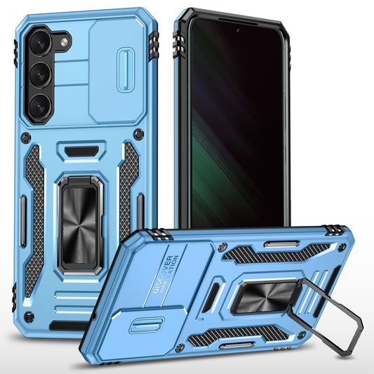 Armor Series For Samsung Galaxy S24 Case PC+TPU Shockproof Kickstand Smart Phone Back Protector with Slide Lens Lid - Light Blue