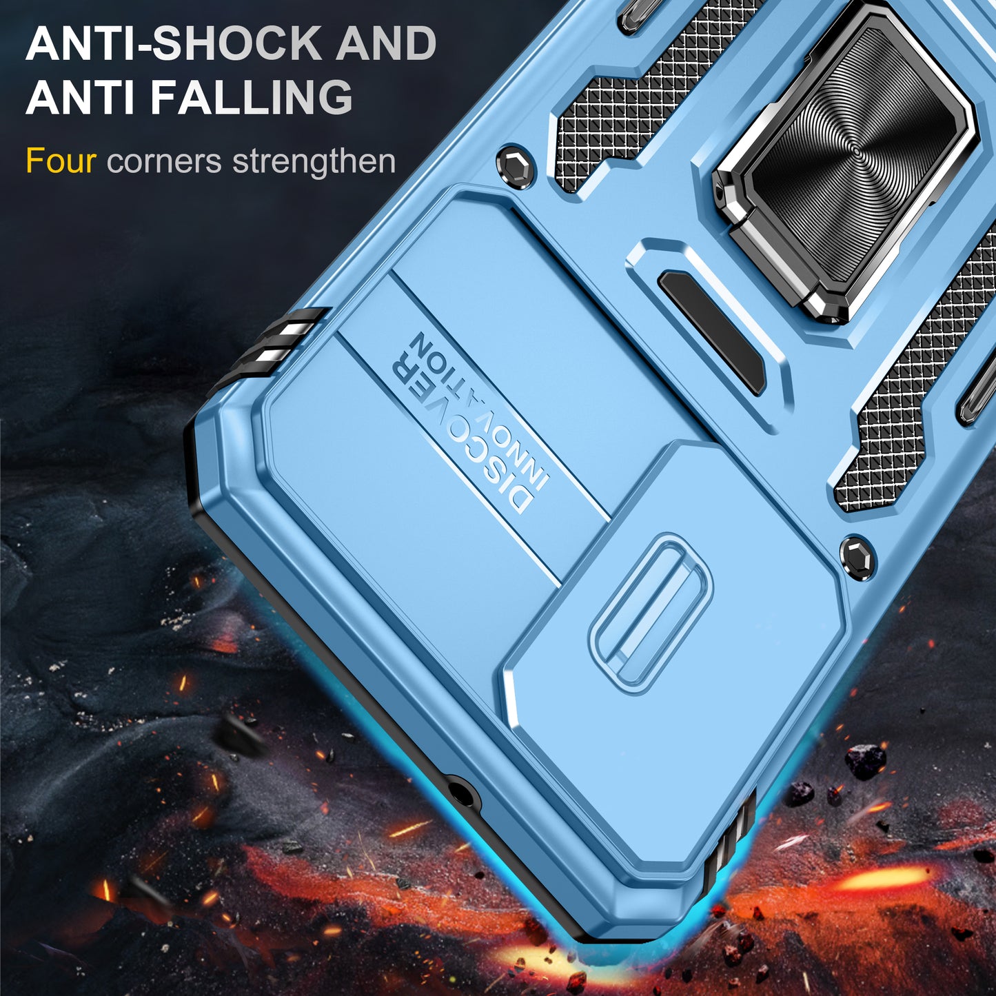 Armor Series For Samsung Galaxy S24 Case PC+TPU Shockproof Kickstand Smart Phone Back Protector with Slide Lens Lid - Light Blue