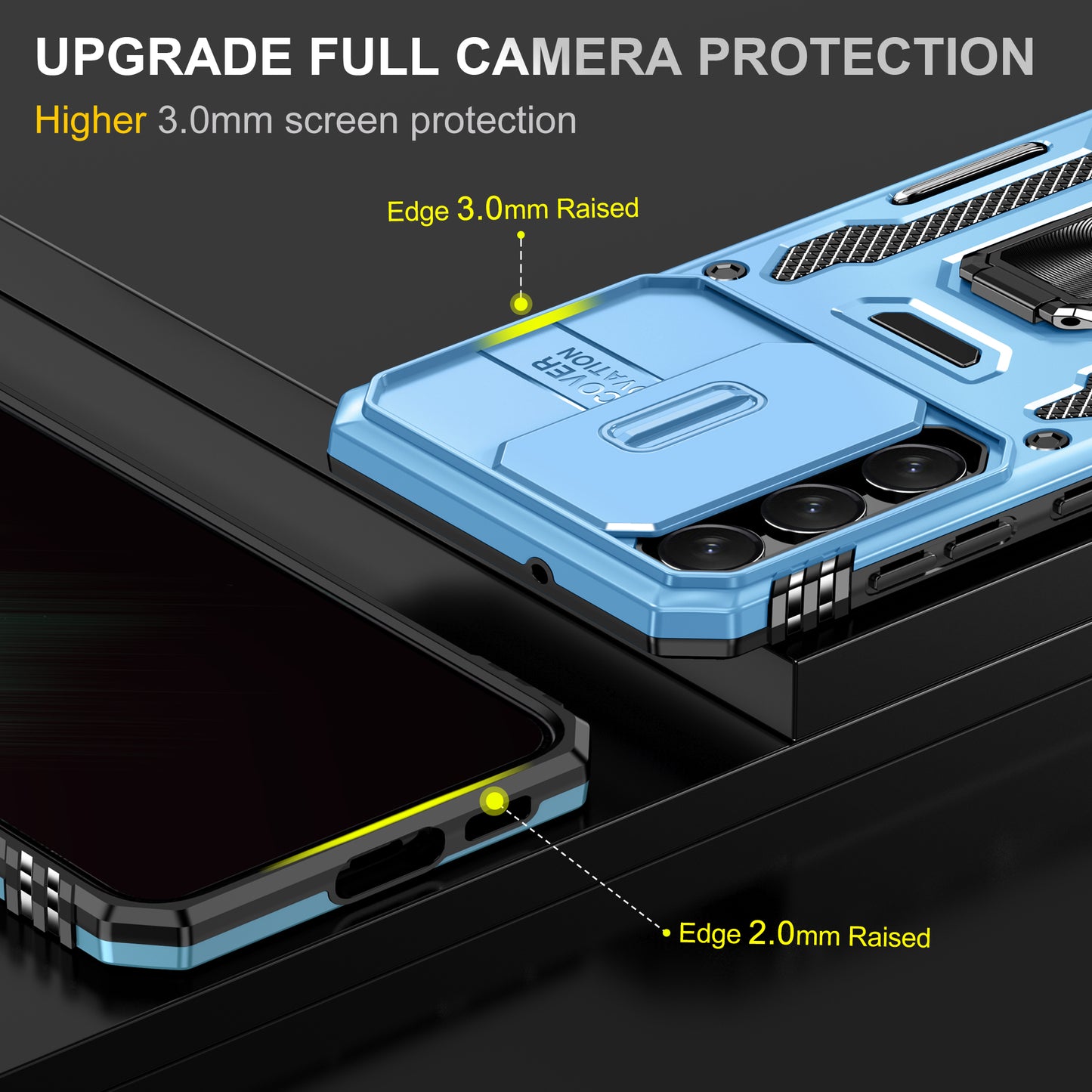 Armor Series For Samsung Galaxy S24 Case PC+TPU Shockproof Kickstand Smart Phone Back Protector with Slide Lens Lid - Light Blue