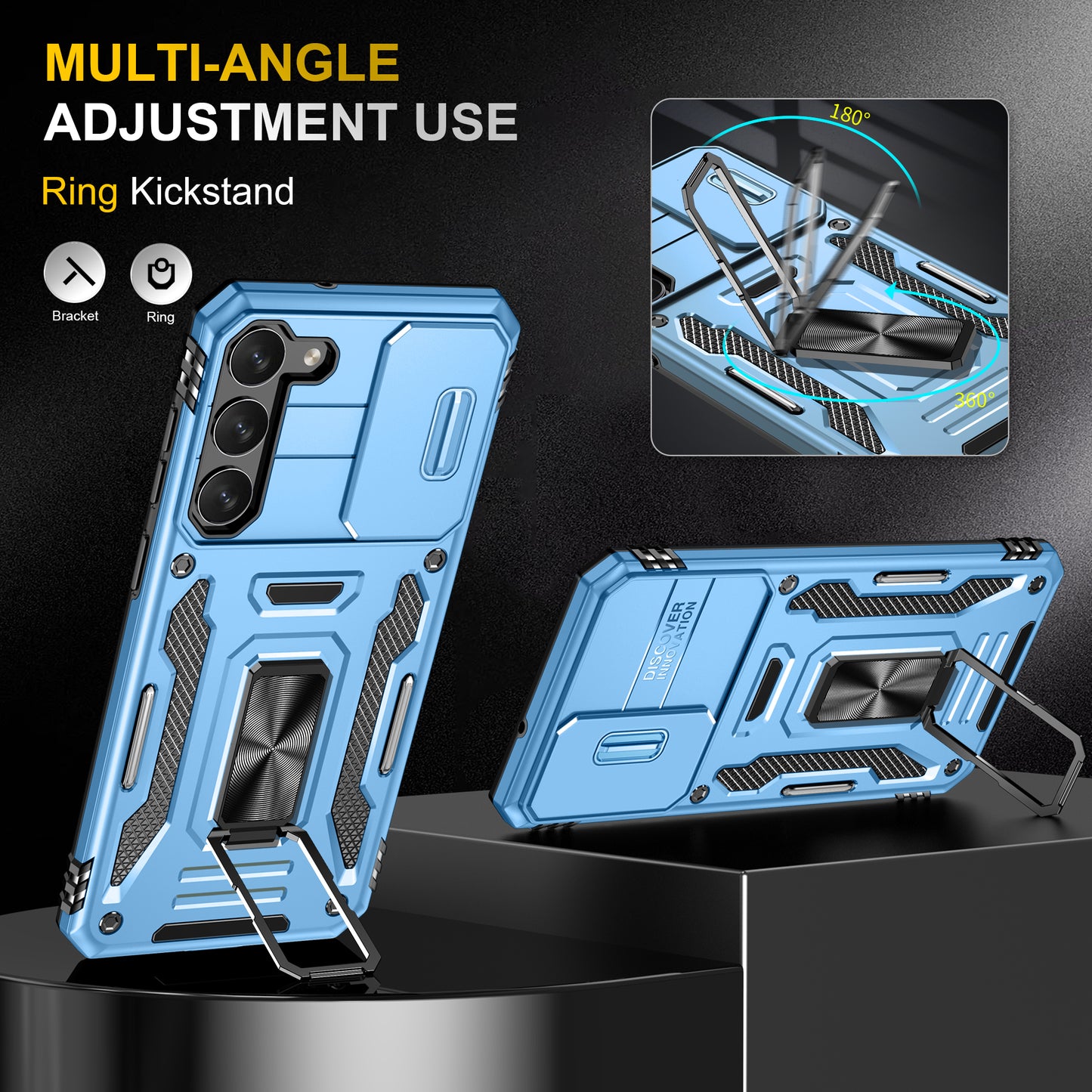 Armor Series For Samsung Galaxy S24 Case PC+TPU Shockproof Kickstand Smart Phone Back Protector with Slide Lens Lid - Light Blue