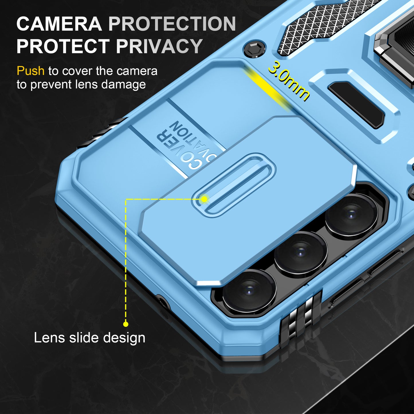Armor Series For Samsung Galaxy S24 Case PC+TPU Shockproof Kickstand Smart Phone Back Protector with Slide Lens Lid - Light Blue