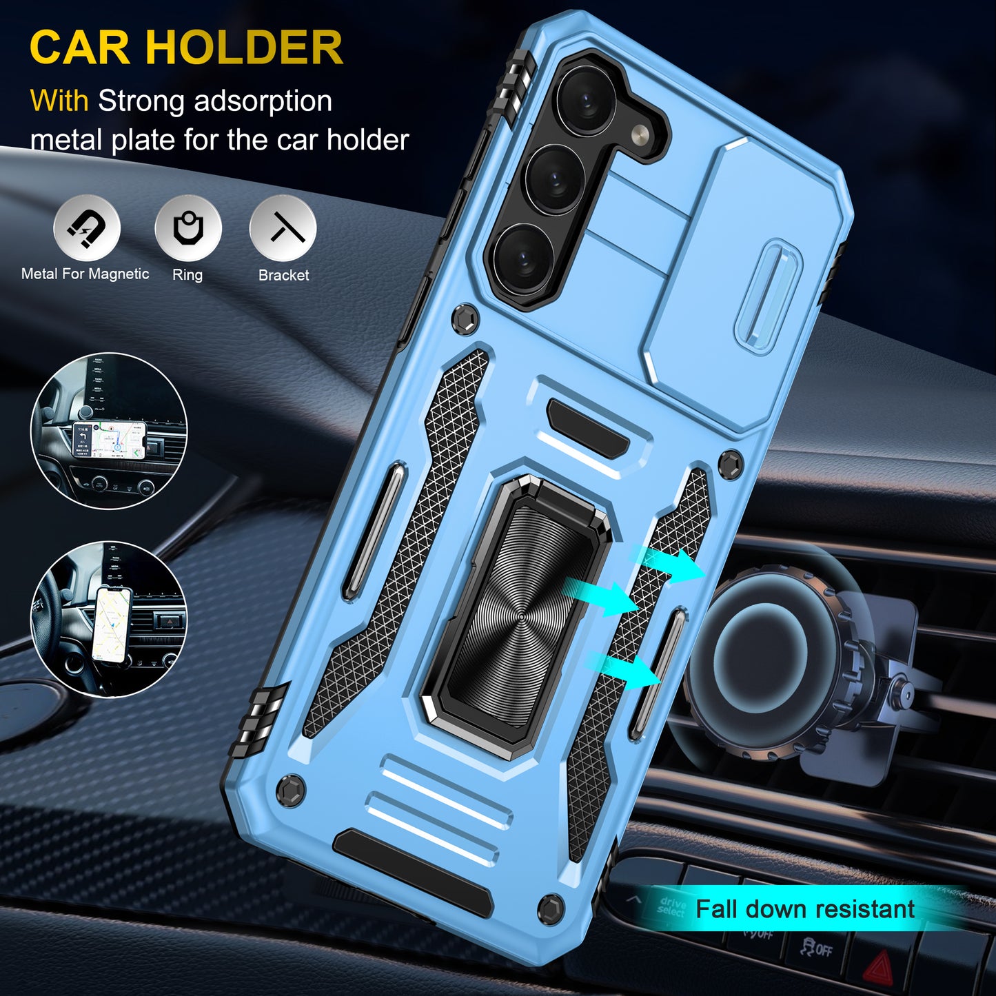 Armor Series For Samsung Galaxy S24 Case PC+TPU Shockproof Kickstand Smart Phone Back Protector with Slide Lens Lid - Light Blue