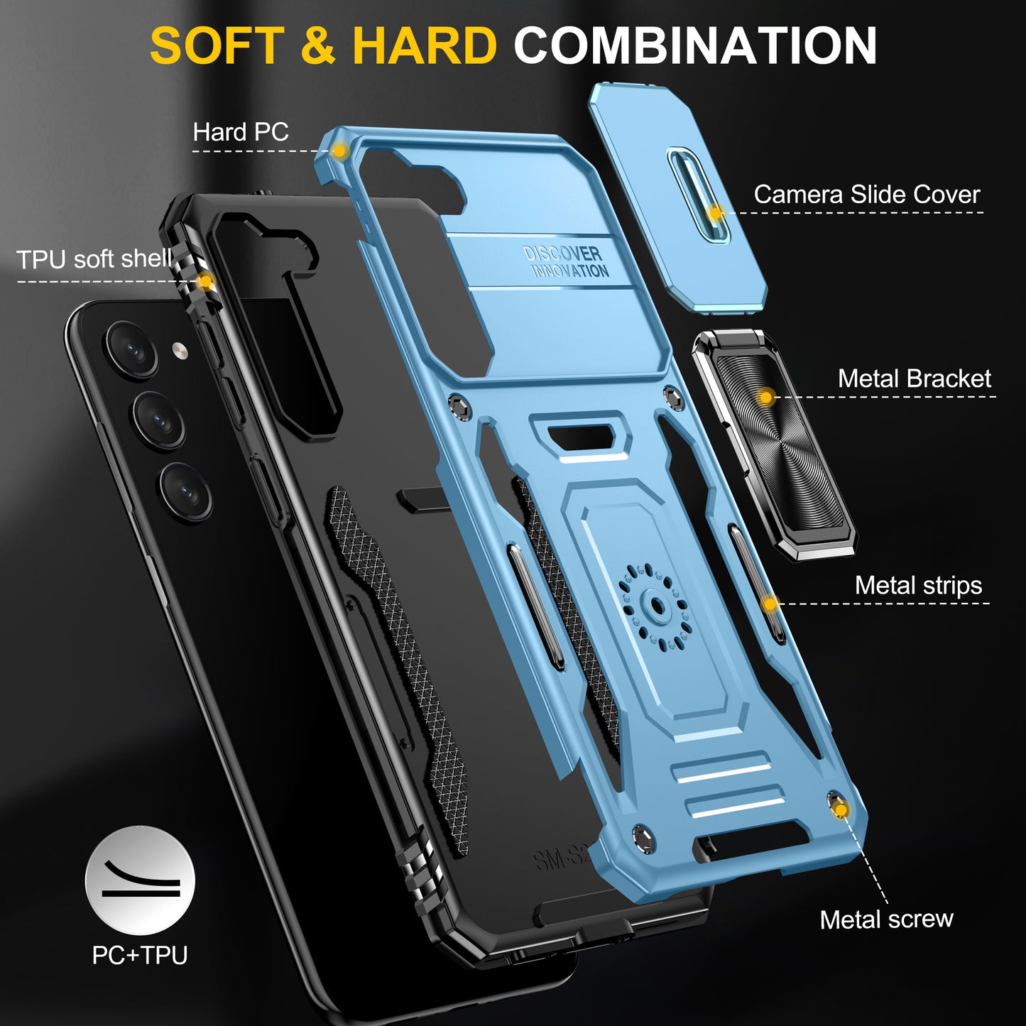 Armor Series For Samsung Galaxy S24 Case PC+TPU Shockproof Kickstand Smart Phone Back Protector with Slide Lens Lid - Light Blue