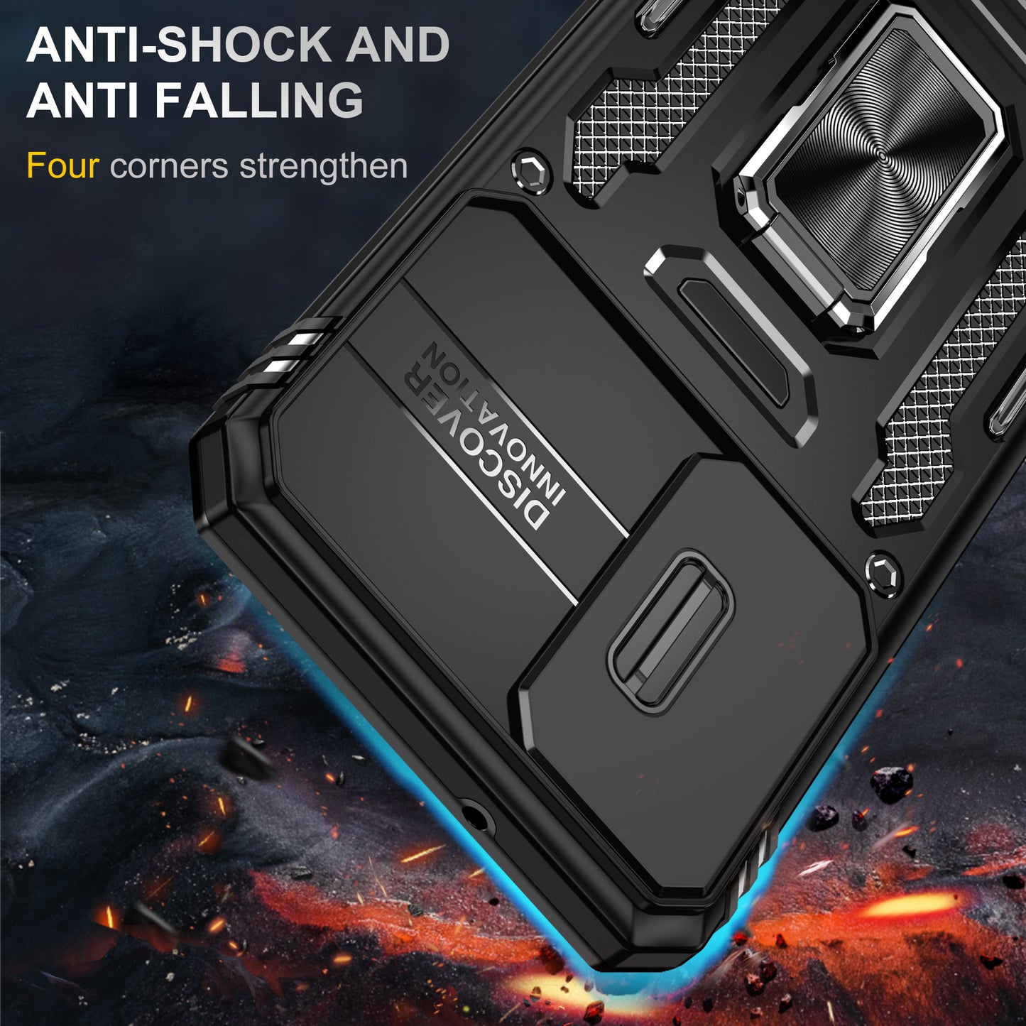 Armor Series For Samsung Galaxy S24 Case PC+TPU Shockproof Kickstand Smart Phone Back Protector with Slide Lens Lid - Black