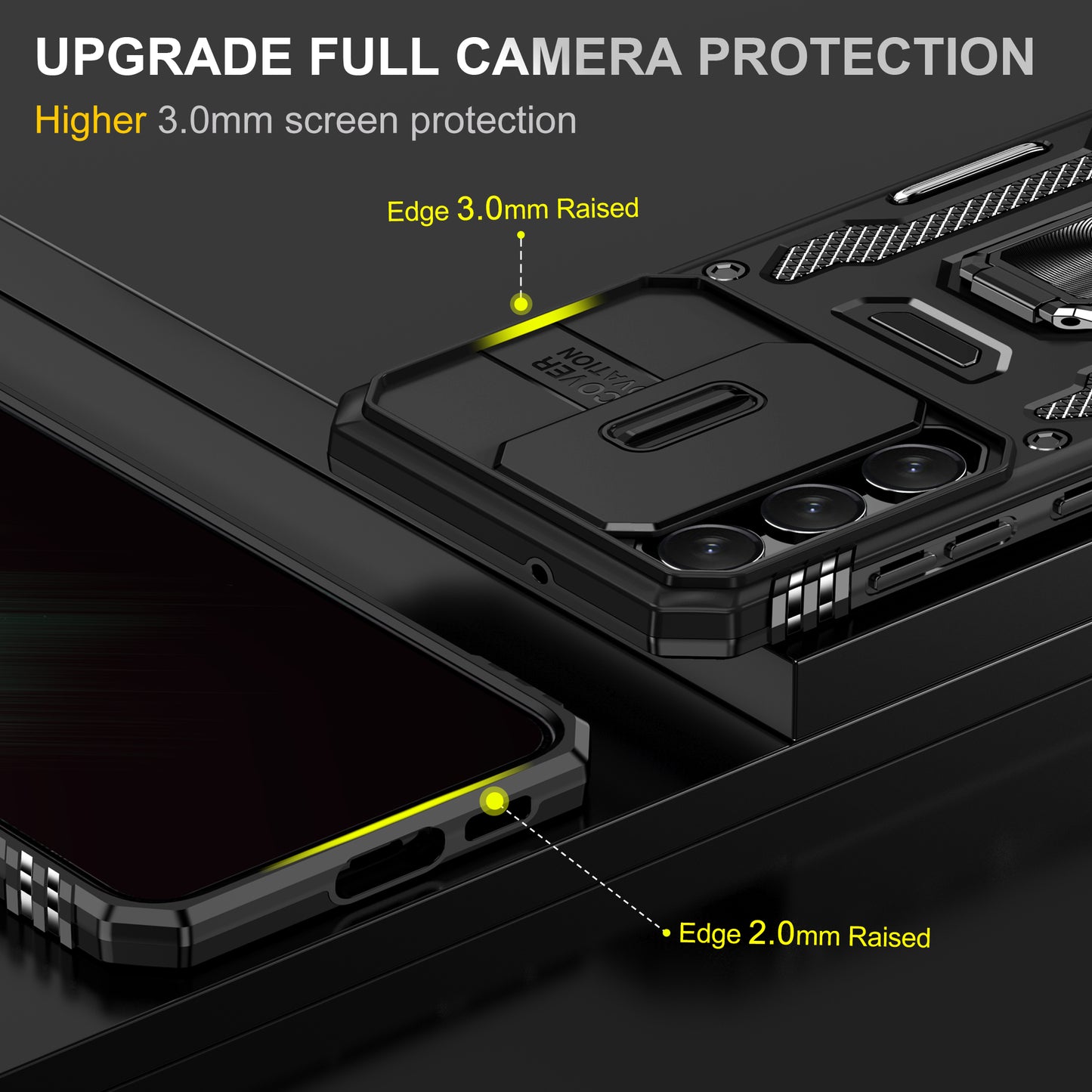 Armor Series For Samsung Galaxy S24 Case PC+TPU Shockproof Kickstand Smart Phone Back Protector with Slide Lens Lid - Black