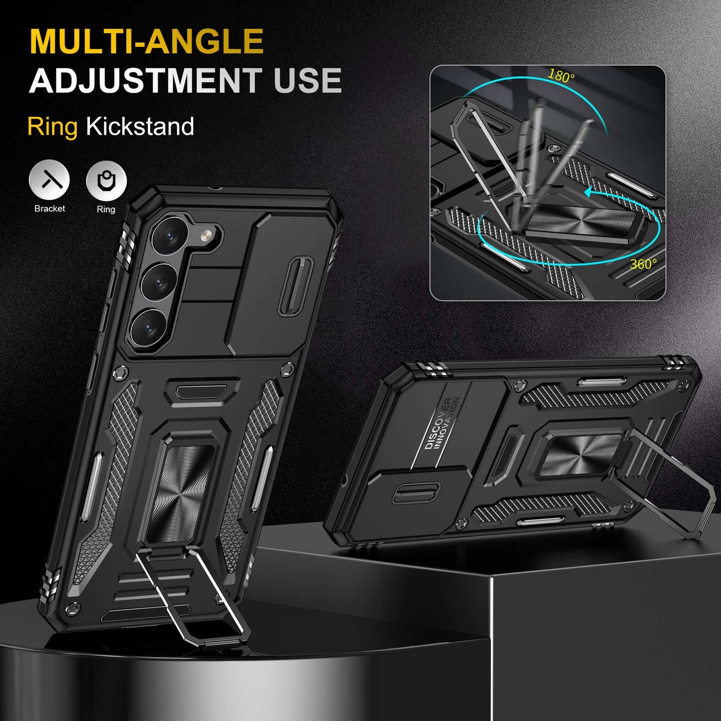 Armor Series For Samsung Galaxy S24 Case PC+TPU Shockproof Kickstand Smart Phone Back Protector with Slide Lens Lid - Black