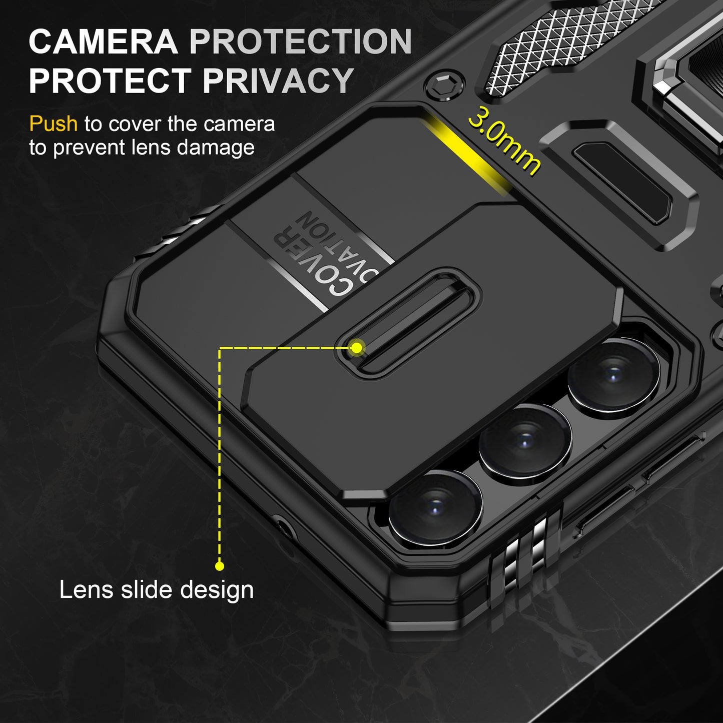 Armor Series For Samsung Galaxy S24 Case PC+TPU Shockproof Kickstand Smart Phone Back Protector with Slide Lens Lid - Black
