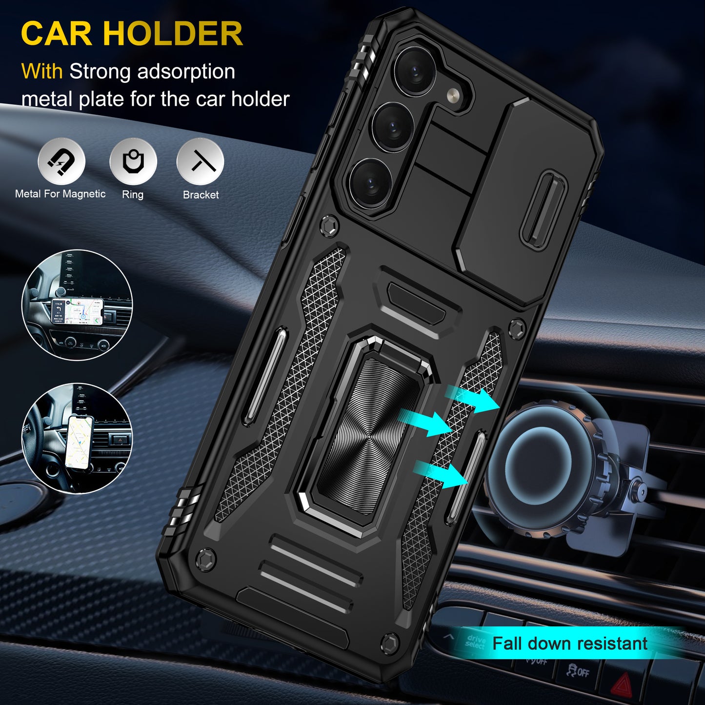 Armor Series For Samsung Galaxy S24 Case PC+TPU Shockproof Kickstand Smart Phone Back Protector with Slide Lens Lid - Black