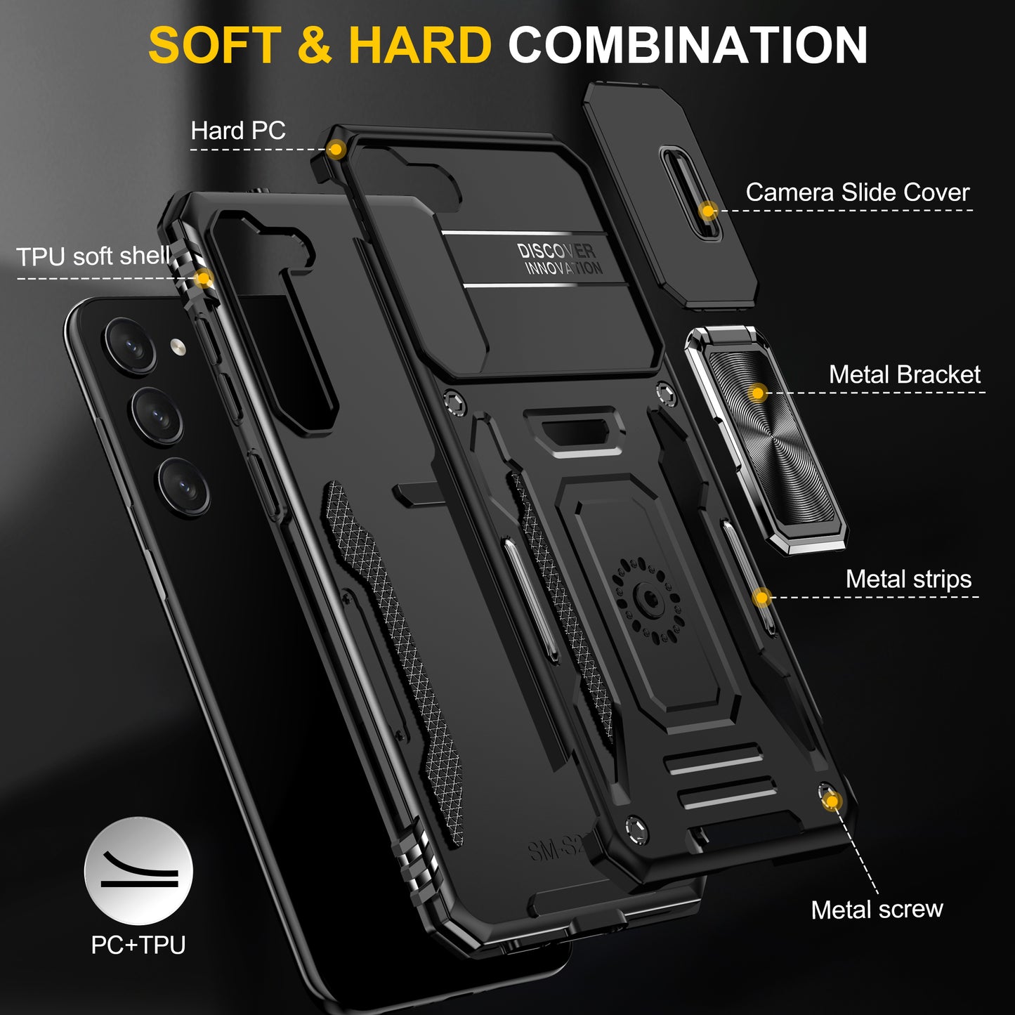Armor Series For Samsung Galaxy S24 Case PC+TPU Shockproof Kickstand Smart Phone Back Protector with Slide Lens Lid - Black