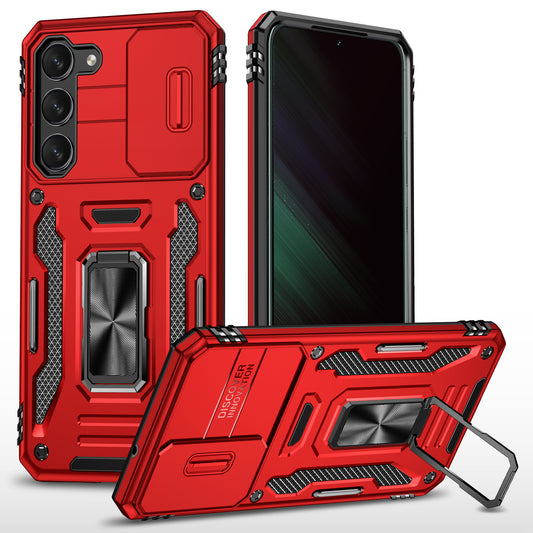Armor Series For Samsung Galaxy S24 Case PC+TPU Shockproof Kickstand Smart Phone Back Protector with Slide Lens Lid - Red