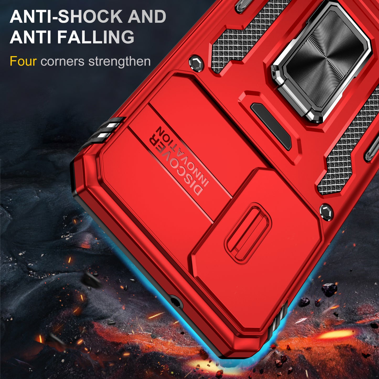 Armor Series For Samsung Galaxy S24 Case PC+TPU Shockproof Kickstand Smart Phone Back Protector with Slide Lens Lid - Red