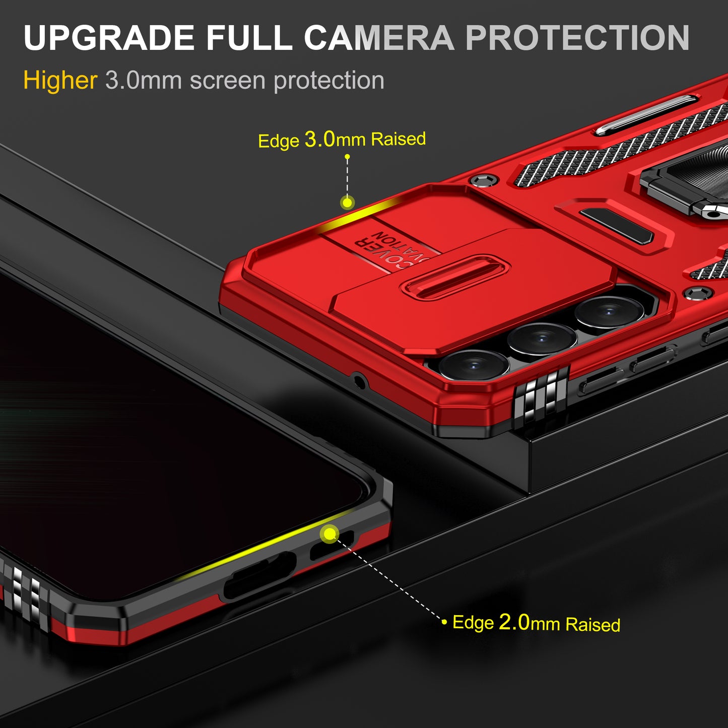 Armor Series For Samsung Galaxy S24 Case PC+TPU Shockproof Kickstand Smart Phone Back Protector with Slide Lens Lid - Red