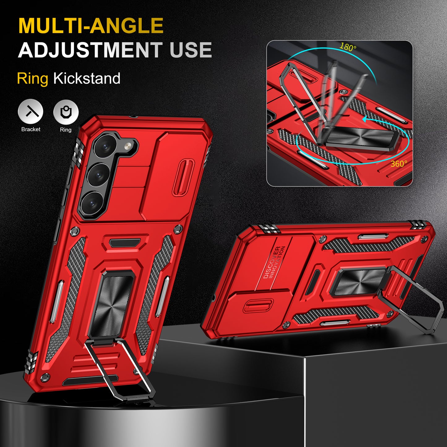 Armor Series For Samsung Galaxy S24 Case PC+TPU Shockproof Kickstand Smart Phone Back Protector with Slide Lens Lid - Red