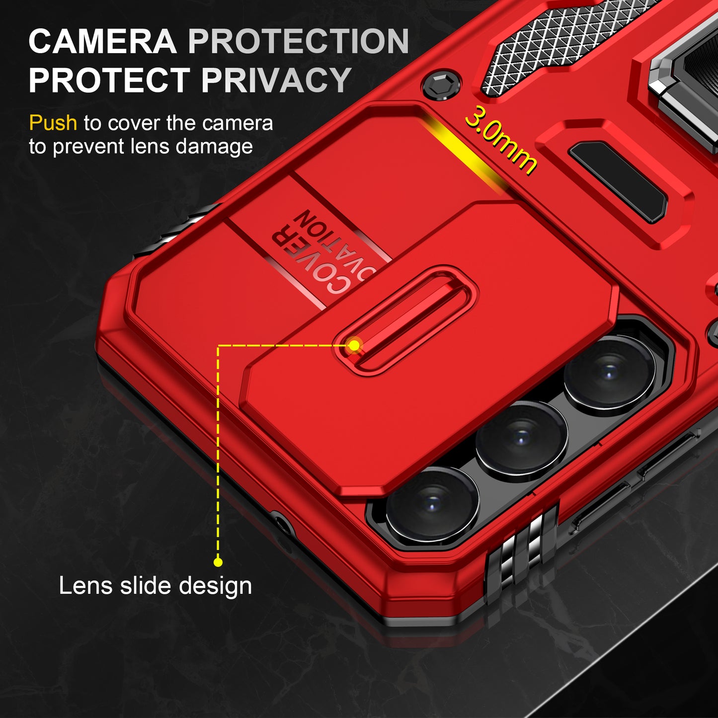 Armor Series For Samsung Galaxy S24 Case PC+TPU Shockproof Kickstand Smart Phone Back Protector with Slide Lens Lid - Red
