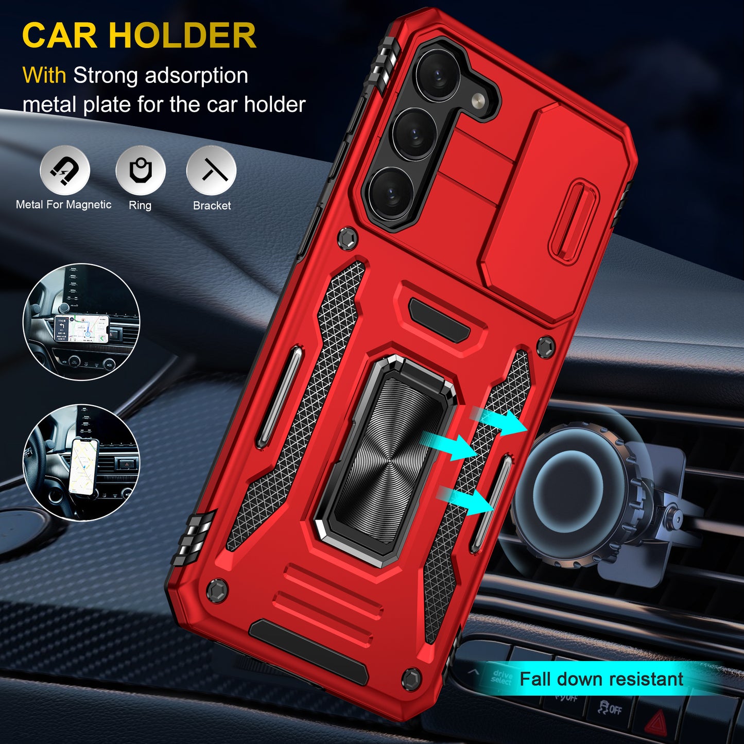 Armor Series For Samsung Galaxy S24 Case PC+TPU Shockproof Kickstand Smart Phone Back Protector with Slide Lens Lid - Red