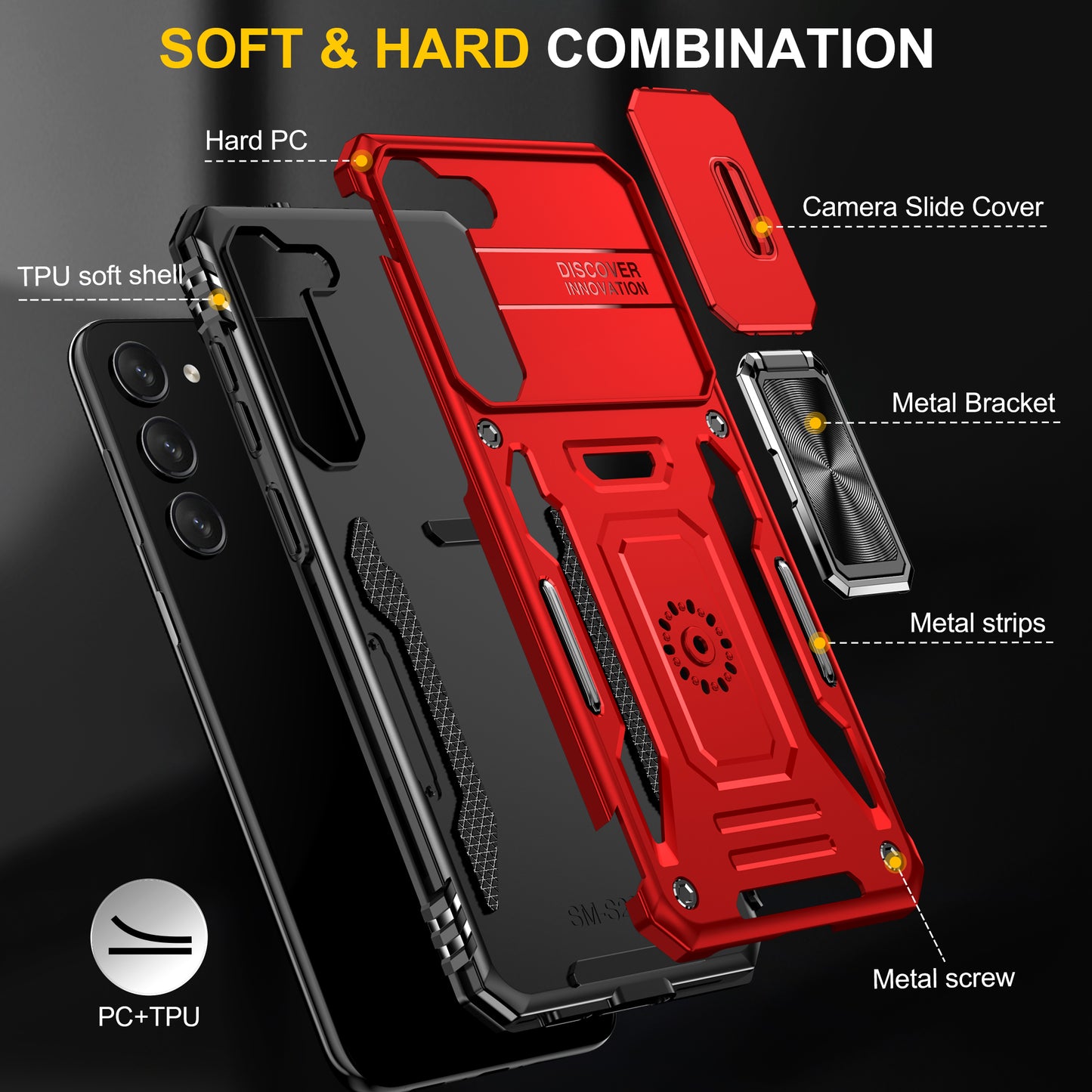 Armor Series For Samsung Galaxy S24 Case PC+TPU Shockproof Kickstand Smart Phone Back Protector with Slide Lens Lid - Red