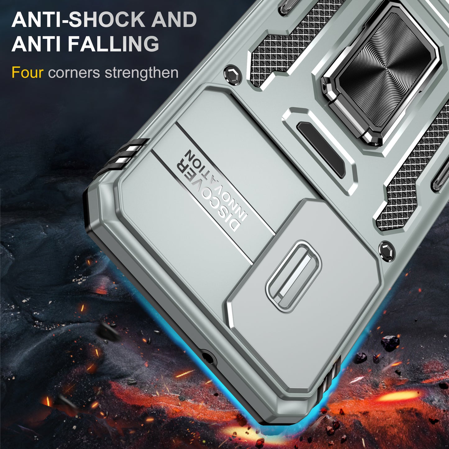 Armor Series For Samsung Galaxy S24 Case PC+TPU Shockproof Kickstand Smart Phone Back Protector with Slide Lens Lid - Grey