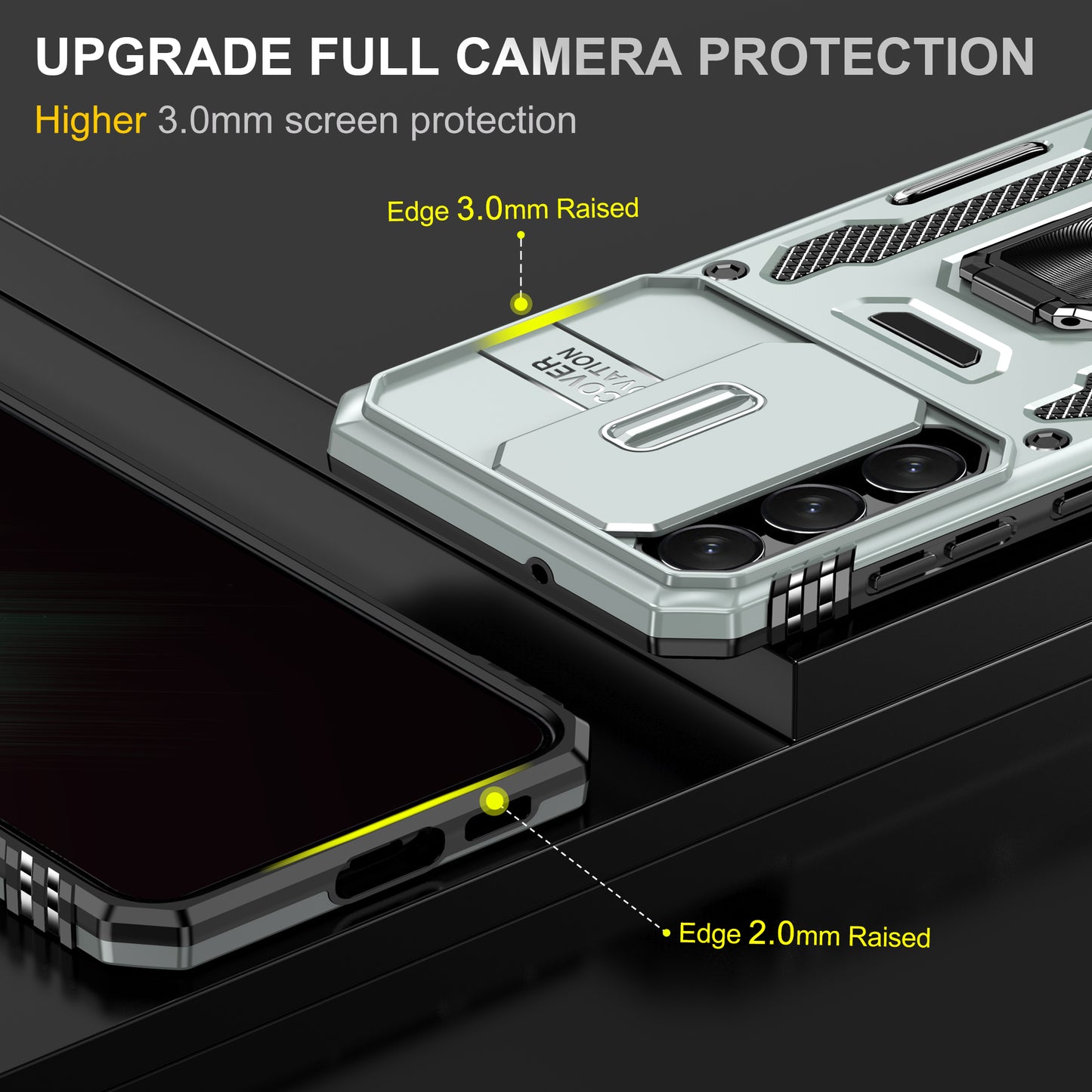 Armor Series For Samsung Galaxy S24 Case PC+TPU Shockproof Kickstand Smart Phone Back Protector with Slide Lens Lid - Grey