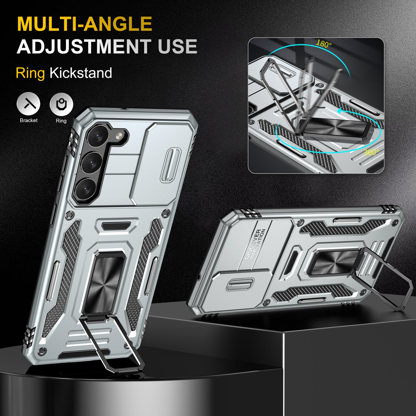 Armor Series For Samsung Galaxy S24 Case PC+TPU Shockproof Kickstand Smart Phone Back Protector with Slide Lens Lid - Grey