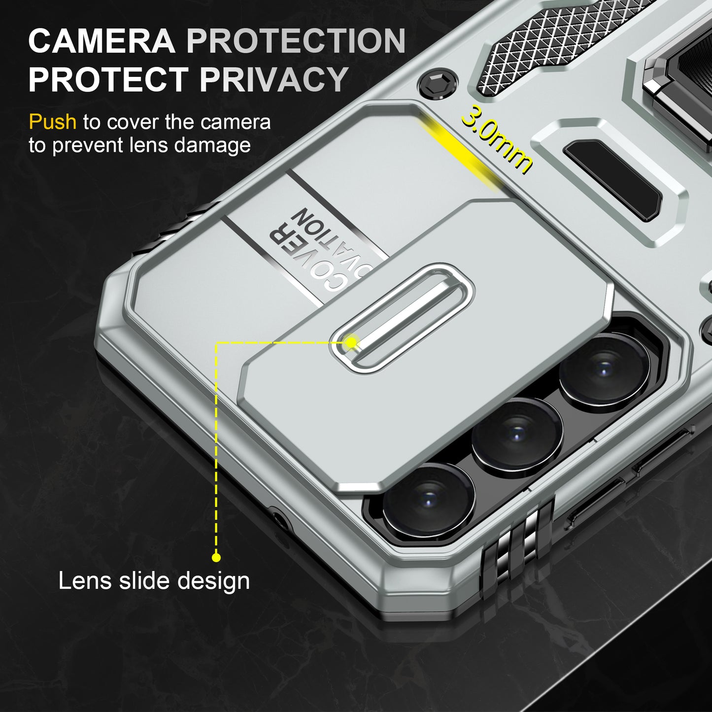 Armor Series For Samsung Galaxy S24 Case PC+TPU Shockproof Kickstand Smart Phone Back Protector with Slide Lens Lid - Grey